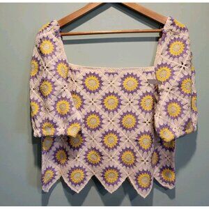 NWOT Granny Square Knit Short Puff Sleeve Top Sz L/XL Cottagecore Hippie